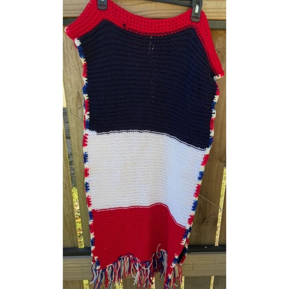 Handmade Crochet Patriotic Red White & Blue scarf with Fringe Detail
